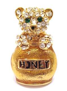 Fashion Gold Tone Brooch Pin Rhinestone Bear in Honey Pot Jar Enamel 