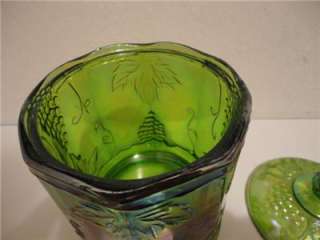 INDIANA RARE VINTAGE HARVEST GRAPE GREEN CARNIVAL GLASS CANISTER 