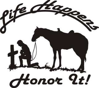 LIFE HAPPENS COWBOY CROSS HORSE DECAL Saddle spurs rope  