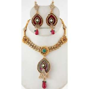   Necklace Set with Faux Ruby and Emerald   Copper Alloy with Cut Glass