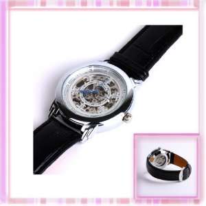  Mechanical Skeleton Watch Hand Wind Up Dial Black Leather Strap W0116