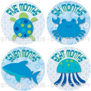 Monthly Onesie Baby Boy Stickers Blue Ocean Sea Animals  