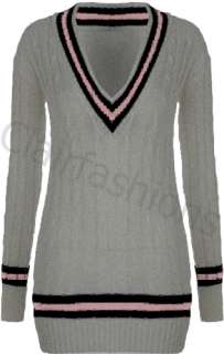 Ladies Knitted V Neck Cable Cricket Jumper Long Sleeve Womens Striped 