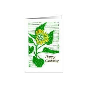 Happy Gardening Sunflower Lino print Green Yellow Blank Greeting Card 