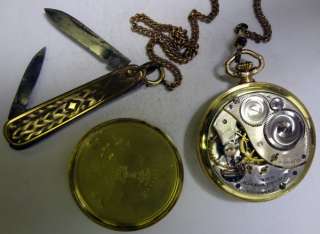   OPEN FACE POCKET WATCH WITH KNIFE AND CHAIN 12 SIZE 15 JEWEL  