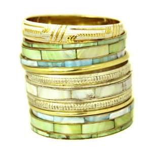   Green Cream 22kt GoldPlated Bracelet Bella Collection Stacked Bangle