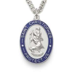   Silver 1 Oval Blue Enameled Border St. Christopher Medal on 24 Chain
