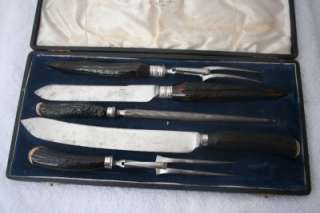   STAG & SILVER CASED WALKER AND HALL 5 PCE CARVING SET L@@K  