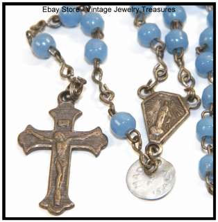 Antique Vintage Blue Glass Military Silver Rosary Made in Italy  