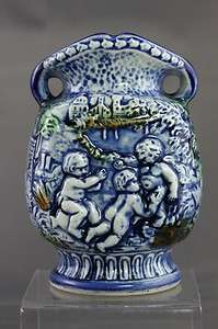 Vintage Pottery Hand Painted Miniature Bud Vase Blue Cherub Scene Made 