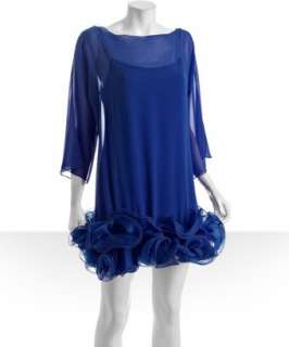 Notte by Marchesa royal blue silk chiffon ruffle hem shift dress 