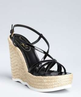 Yves Saint Laurent black patent leather strappy wedge Saint Malo 