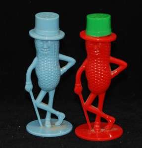 MR PEANUT BLUE AND RED PLASTIC SALT AND PEPPER SHAKERS  