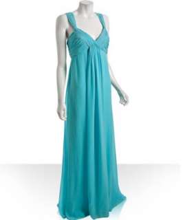 Notte by Marchesa aqua silk chiffon ruched v neck gown   up to 