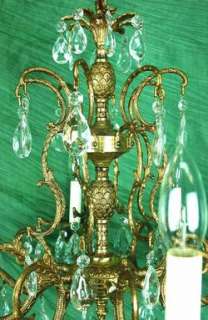 Vintage 8 Arm Pineapple Motif Brass & Crystal Drop Chandelier  