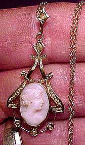 10K PINK CORAL CAMEO w/ SEED PEARLS SAUTOIR NECKLACE c1900  