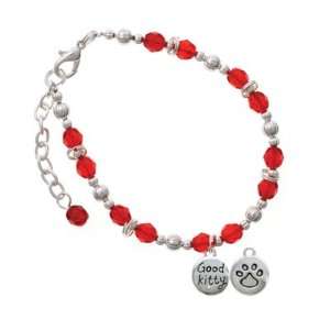   Crystal and Paw Print Red Czech Glass Beaded Charm Bracelet Jewelry