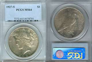 1927 S PEACE SILVER DOLLAR PCGS CERTIFIED MS 64 RARE FULL FROSTY WHITE 