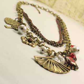 Necklace Retro Chain Flower Bronze Fan Charm Red Gemstone Rhinestone 