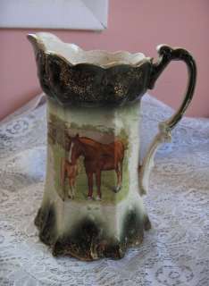 Antique Hand Painted China Green White Pitchers Horses S,M,L Signed 