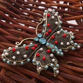 Beautiful Blue Red Butterfly Rhinestone Pin Brooch  