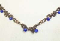 NEW antique look gold/ blue crystal necklace leaves  