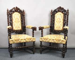 ANTIQUE 19TH C. FRENCH LOUIS XIII HUNT BARLEY TWIST ARM CHAIRS WITH 