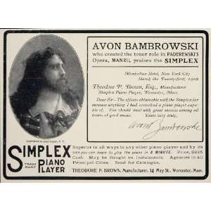  1902 Vintage Ad Simplex Player Piano Avon Bambrowski 