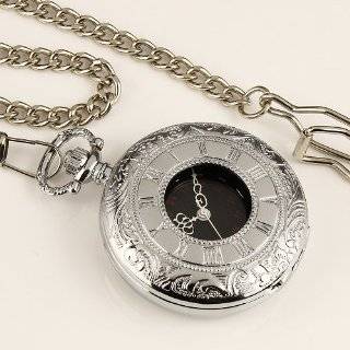   Steel Case Black Dial Roman Numbers Antique Pocket Watch with Chain