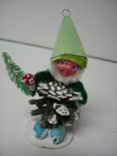 Old Compo Face Pinecone Christmas Elf Holding a Mushroom & Tree  