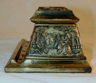 Vintage Brass Double Inkwell Period Repousse Design NR  